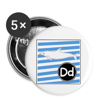 D wie Delfin Buchstaben lernen in der Grundschule - Buttons groß 56 mm (5er Pack) - Weiß - Vorne