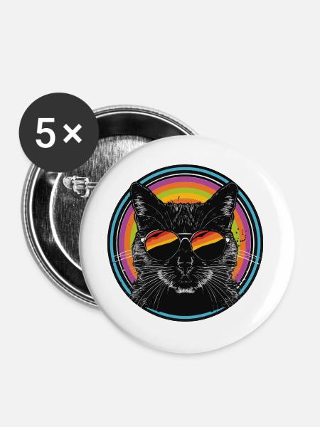 Rainbow-Katze mit Sonnenbrille - Buttons groß 56 mm (5er Pack) - Weiß