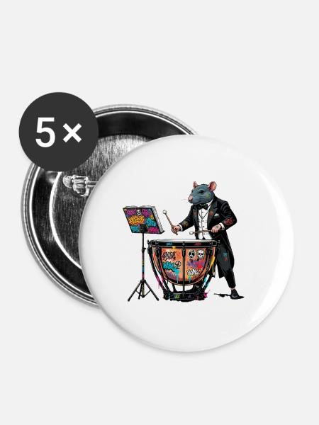 Pauken-Graffiti-Ratte am Schlagzeug - Buttons groß 56 mm (5er Pack) - Weiß