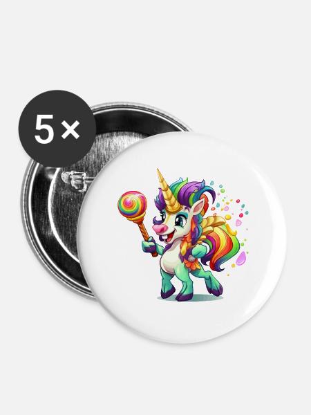 Buntes Einhorn mit Lolly - Buttons groß 56 mm (5er Pack) - Weiß