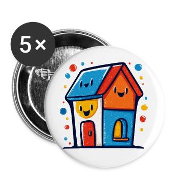 Buntes Haus-Trio mit lachenden Gesichtern - Buttons groß 56 mm (5er Pack) - Weiß - Vorne