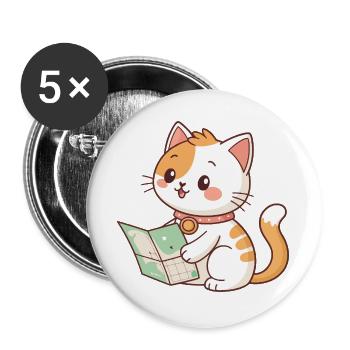Chat explorateur et carte - Lot de 5 grands badges (56 mm) - blanc - Devant