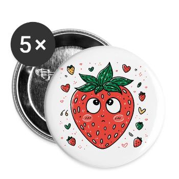 Kawaii Erdbeere mit neugierigen Augen - Buttons groß 56 mm (5er Pack) - Weiß - Vorne