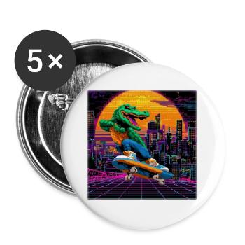 Skating Pixel Krokodil im Retro 80s Synthwave - Buttons groß 56 mm (5er Pack) - Weiß - Vorne