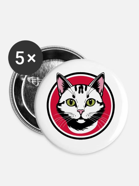 Katzengesicht Emblem im Rotkreis - Buttons groß 56 mm (5er Pack) - Weiß