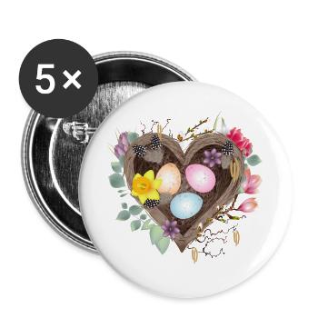 Herzförmiges Nest mit bunten Ostereiern - Buttons groß 56 mm (5er Pack) - Weiß - Vorne