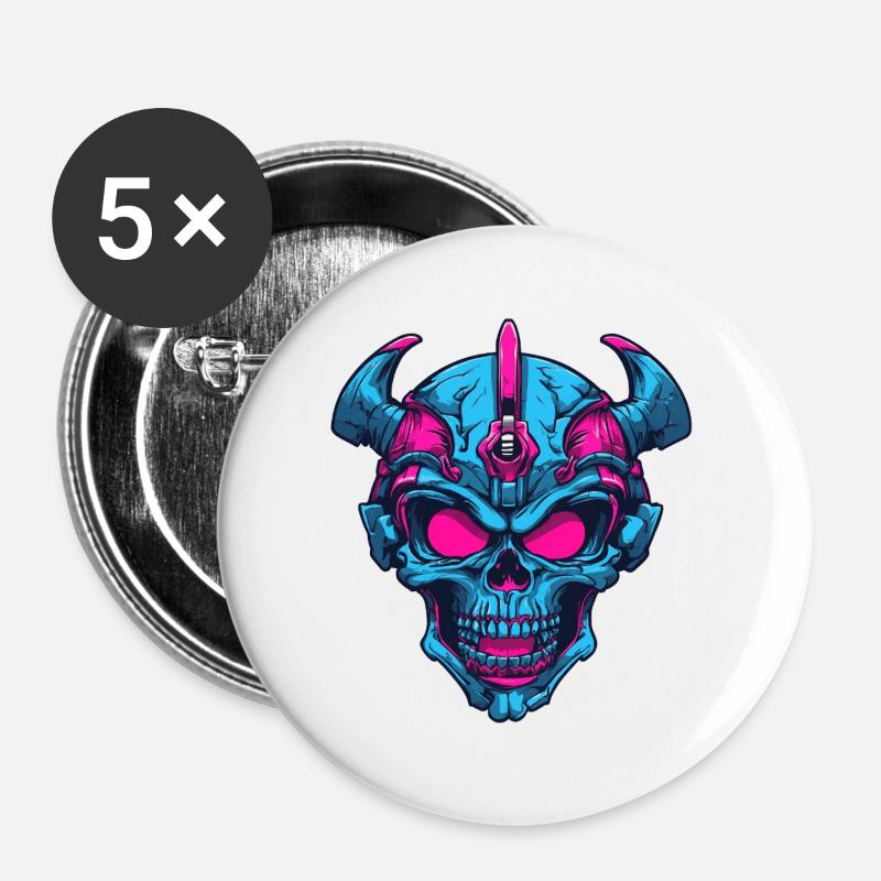 Neon Dämonenschädel - Buttons groß 56 mm (5er Pack) - Weiß