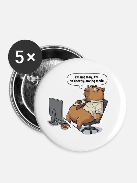 Energiesparender Capybara Biber am Arbeitsplatz - Buttons groß 56 mm (5er Pack) - Weiß