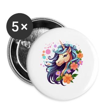 Blue Unicorn with Floral Wreath - Buttons large 2.2''/56 mm (5-pack) - white - Front