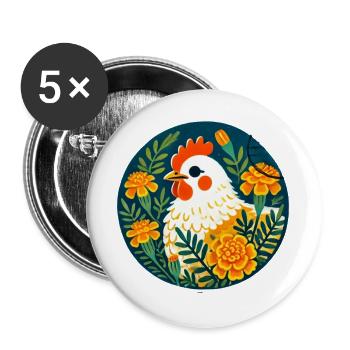 Une poule ensoleillée parmi des fleurs audacieuses - Lot de 5 grands badges (56 mm) - blanc - Devant