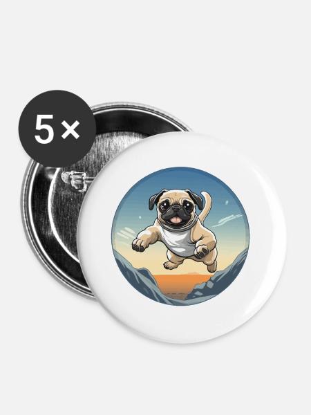 Pug Sprung über Berglandschaft - Buttons groß 56 mm (5er Pack) - Weiß