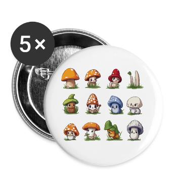 Cute Mushroom Friends – Mushroom Characters - Buttons large 2.2''/56 mm (5-pack) - white - Front