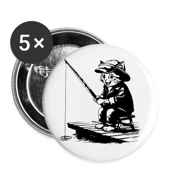 Lustige Angler Katze Kater beim Fischen Motiv - Buttons groß 56 mm (5er Pack) - Weiß - Vorne