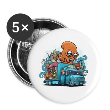Kunterbunter Oktopus Mülltruck - Buttons groß 56 mm (5er Pack) - Weiß - Vorne