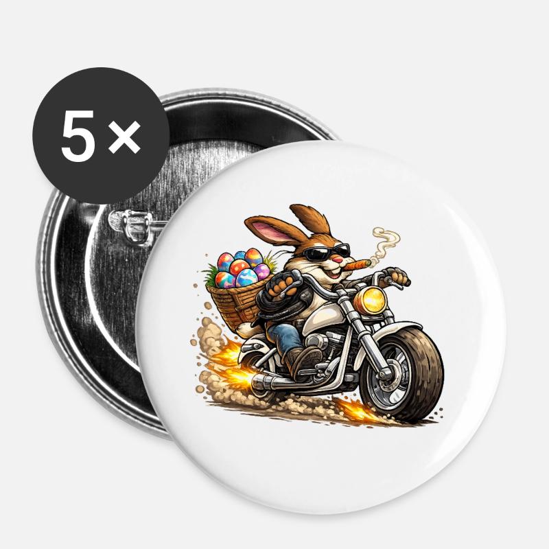 Osterhäschen auf Motorrad - Buttons groß 56 mm (5er Pack) - Weiß