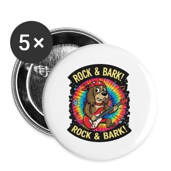 Rock & Bark Batik-Gitarrenhund - Buttons groß 56 mm (5er Pack) - Weiß - Vorne