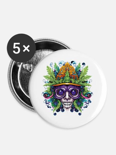 Psychedelischer Schädel mit Blattkrone - Buttons groß 56 mm (5er Pack) - Weiß