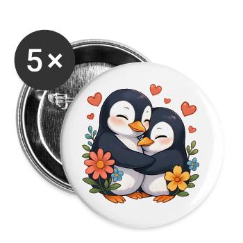 Kuschelpinguin Umarmung mit Blumen - Buttons groß 56 mm (5er Pack) - Weiß - Vorne
