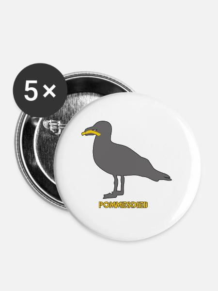 Pommesdieb Möwe - Grau - Buttons groß 56 mm (5er Pack) - Weiß