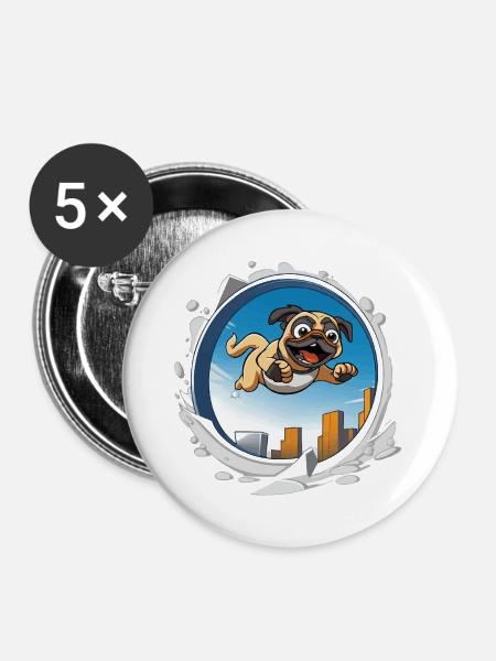 Pug Sprinter im Stadtlauf - Buttons groß 56 mm (5er Pack) - Weiß