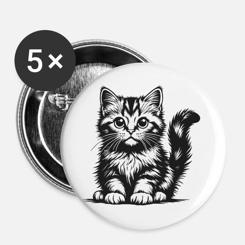 Schwarze Katze in Bleistiftzeichnung - Buttons groß 56 mm (5er Pack) - Weiß