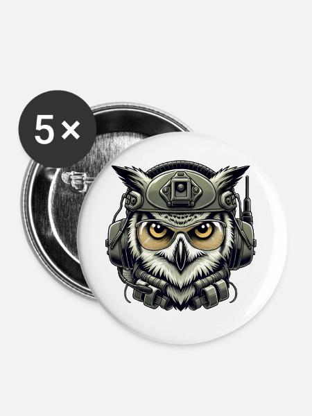 Taktische Eule mit Helm - Buttons groß 56 mm (5er Pack) - Weiß