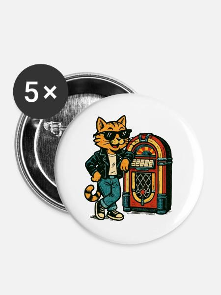 Katze mit Sonnenbrille an der Jukebox Retro Comic - Buttons groß 56 mm (5er Pack) - Weiß