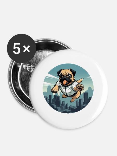 Pug im Sprung über Skyline - Buttons groß 56 mm (5er Pack) - Weiß