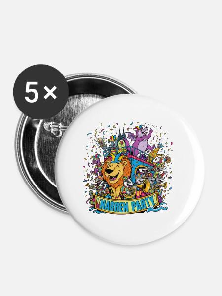 Narren Party - Buttons groß 56 mm (5er Pack) - Weiß