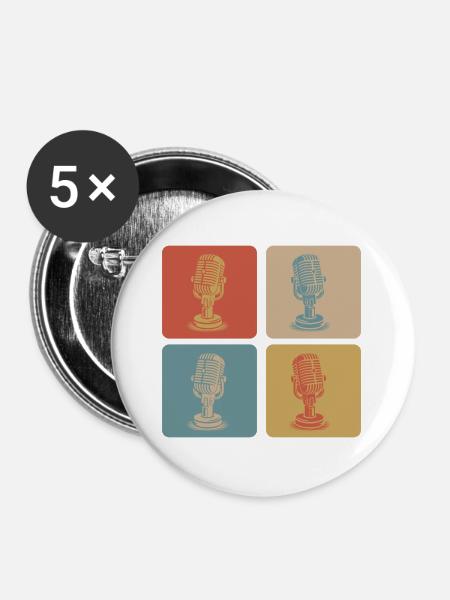 Retro Mikrofon Pop Art - Buttons groß 56 mm (5er Pack) - Weiß