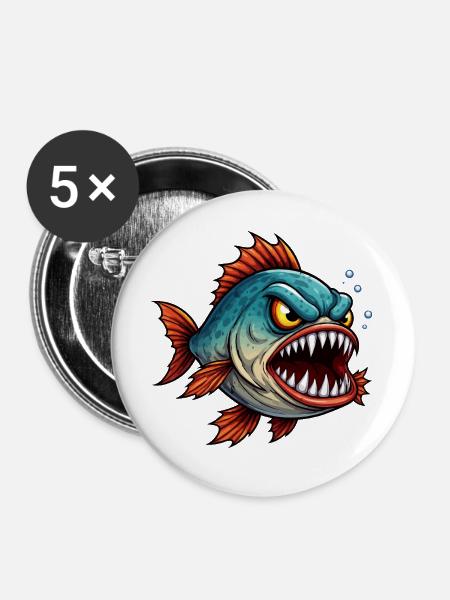 Piranha Tiefseejäger - Buttons groß 56 mm (5er Pack) - Weiß