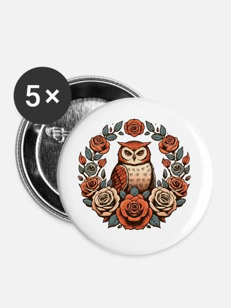 Eule im Rosen-Blumenkreis - Buttons groß 56 mm (5er Pack) - Weiß