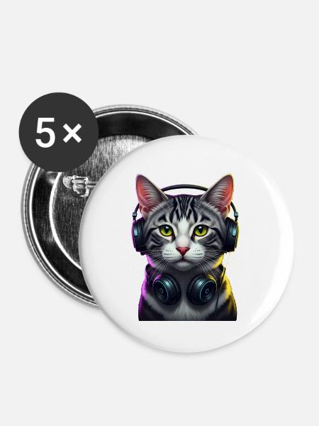 KatzenDJ Neon Kopfhörer Music lover cat - Buttons groß 56 mm (5er Pack) - Weiß