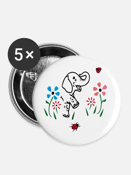Elefant auf einer Blumenwiese - Buttons groß 56 mm (5er Pack) - Weiß