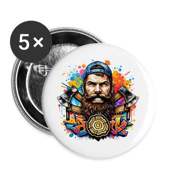 Graffiti Holzfäller mit Doppelaxt  - Buttons groß 56 mm (5er Pack) - Weiß - Vorne