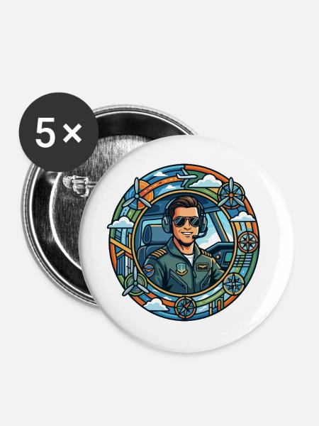 Comic-Pilot im Cockpit Rundflug - Buttons groß 56 mm (5er Pack) - Weiß