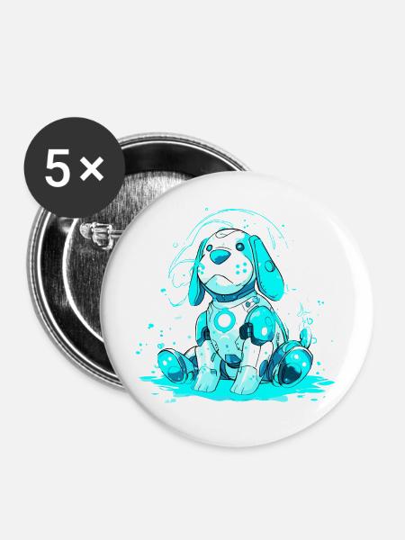 Neon Robo-Hund im Cyanstrahl - Buttons groß 56 mm (5er Pack) - Weiß