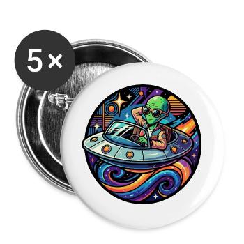 Cool Alien in Convertible UFO Neon Space Fun Motif - Buttons large 2.2''/56 mm (5-pack) - white - Front