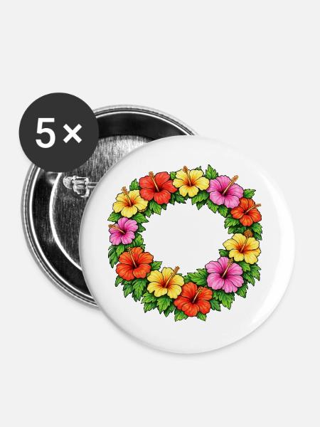Bunter Hibiskus-Blütenring - Buttons groß 56 mm (5er Pack) - Weiß