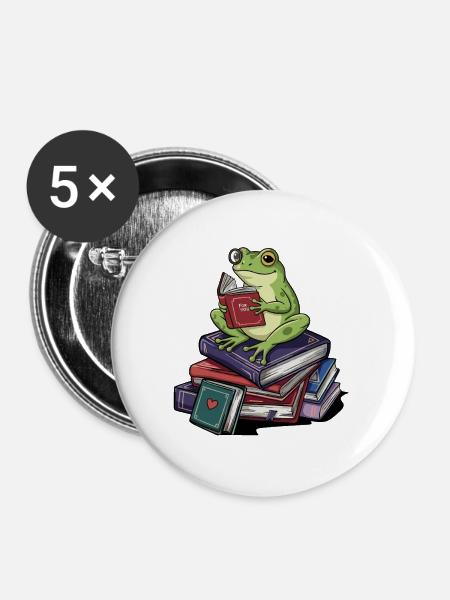 Bücherwurm-Frosch-Amphibien-Lese-Kunst - Buttons groß 56 mm (5er Pack) - Weiß