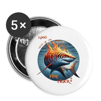 Fire-Tiger 1986 – Der brennende Tigerhai - Buttons groß 56 mm (5er Pack) - Weiß - Vorne