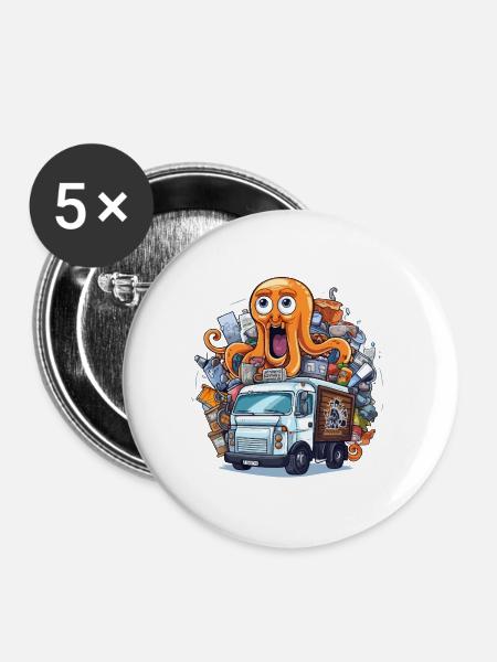 Oktopus im Müllwagen - Buttons groß 56 mm (5er Pack) - Weiß