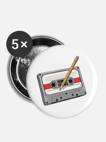 Analogkassette mit Bleistift - Buttons groß 56 mm (5er Pack) - Weiß