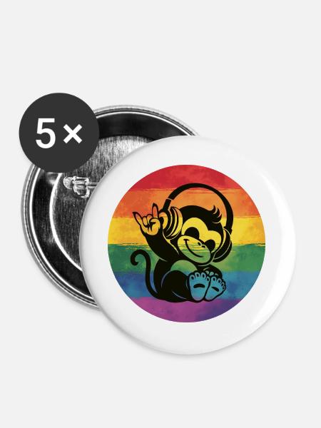 Regenbogen Affe – Kopfhörer Rockhandzeichen - Buttons groß 56 mm (5er Pack) - Weiß