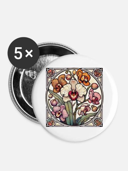 Orchideen-Buntglas-Kreis - Buttons groß 56 mm (5er Pack) - Weiß