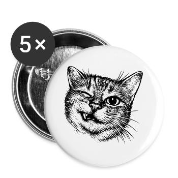 Witzige Katze – Zwinkerndes Halftone Motiv - Buttons groß 56 mm (5er Pack) - Weiß - Vorne