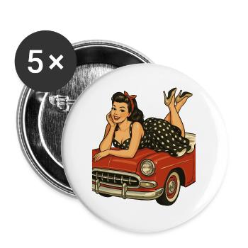 Pin-up rockabilly sur une voiture vintage dans un style rétro - Lot de 5 grands badges (56 mm) - blanc - Devant