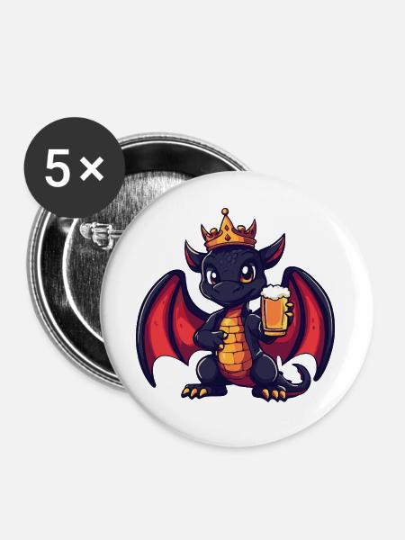 Drache Bier König - Buttons groß 56 mm (5er Pack) - Weiß