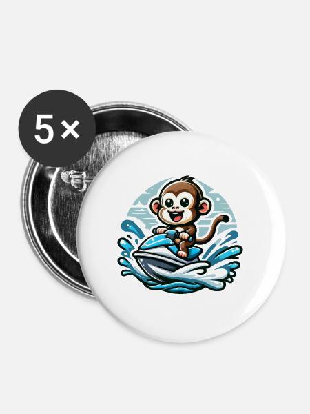 Affe auf Jetski Abenteuer - Buttons groß 56 mm (5er Pack) - Weiß