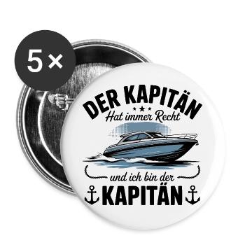 Kapitän Boot Bootsführerschein - Buttons groß 56 mm (5er Pack) - Weiß - Vorne